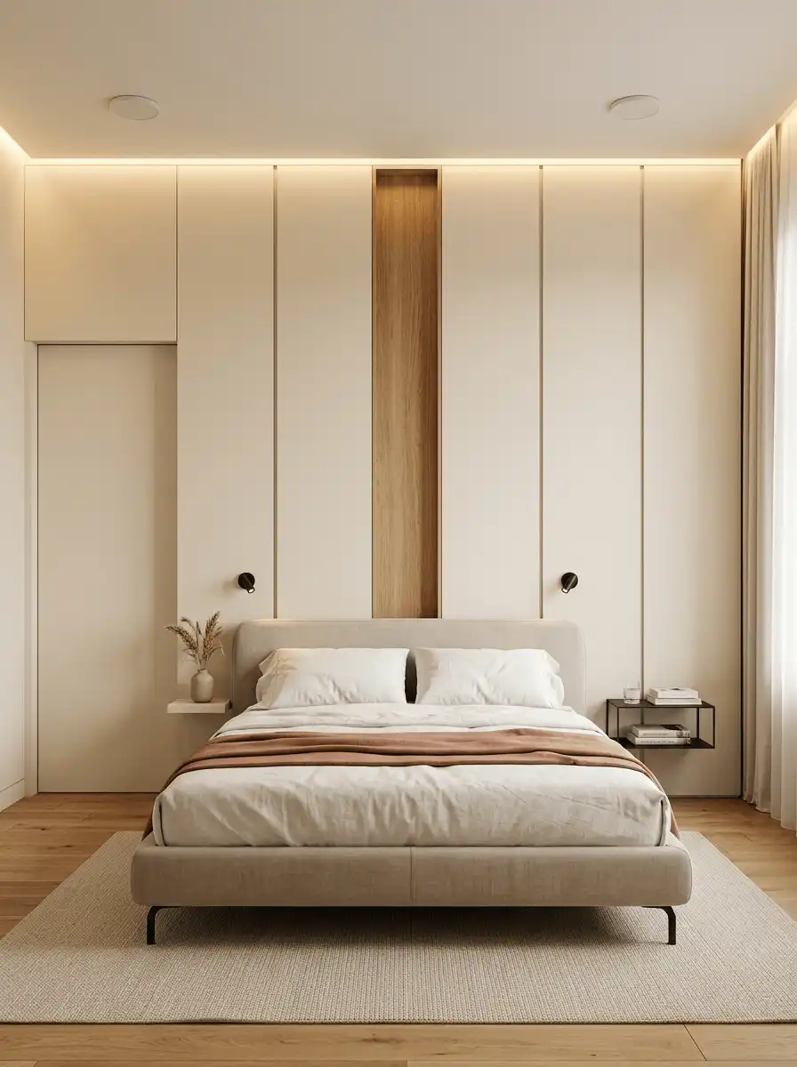 Небольшая спальня со встроенными шкафами до потолка, светлой кроватью, подвесными тумбами, мягкой подсветкой и нейтральным текстилем.