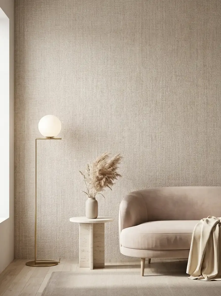 Светлый интерьер с тканевыми обоями, округлым диваном, торшером и каменным столиком.