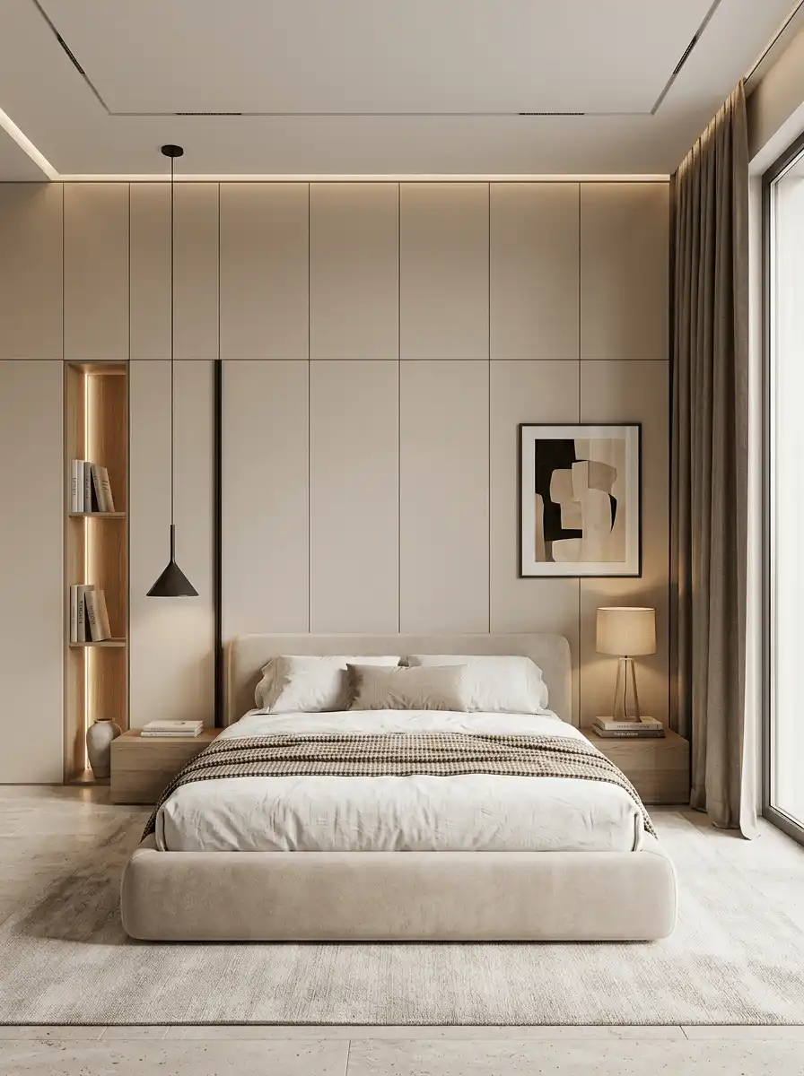 Спальня со скрытой подсветкой потолка, встроенными панелями, мягкой кроватью, подвесом у тумбы и спокойной бежево-серой гаммой.
