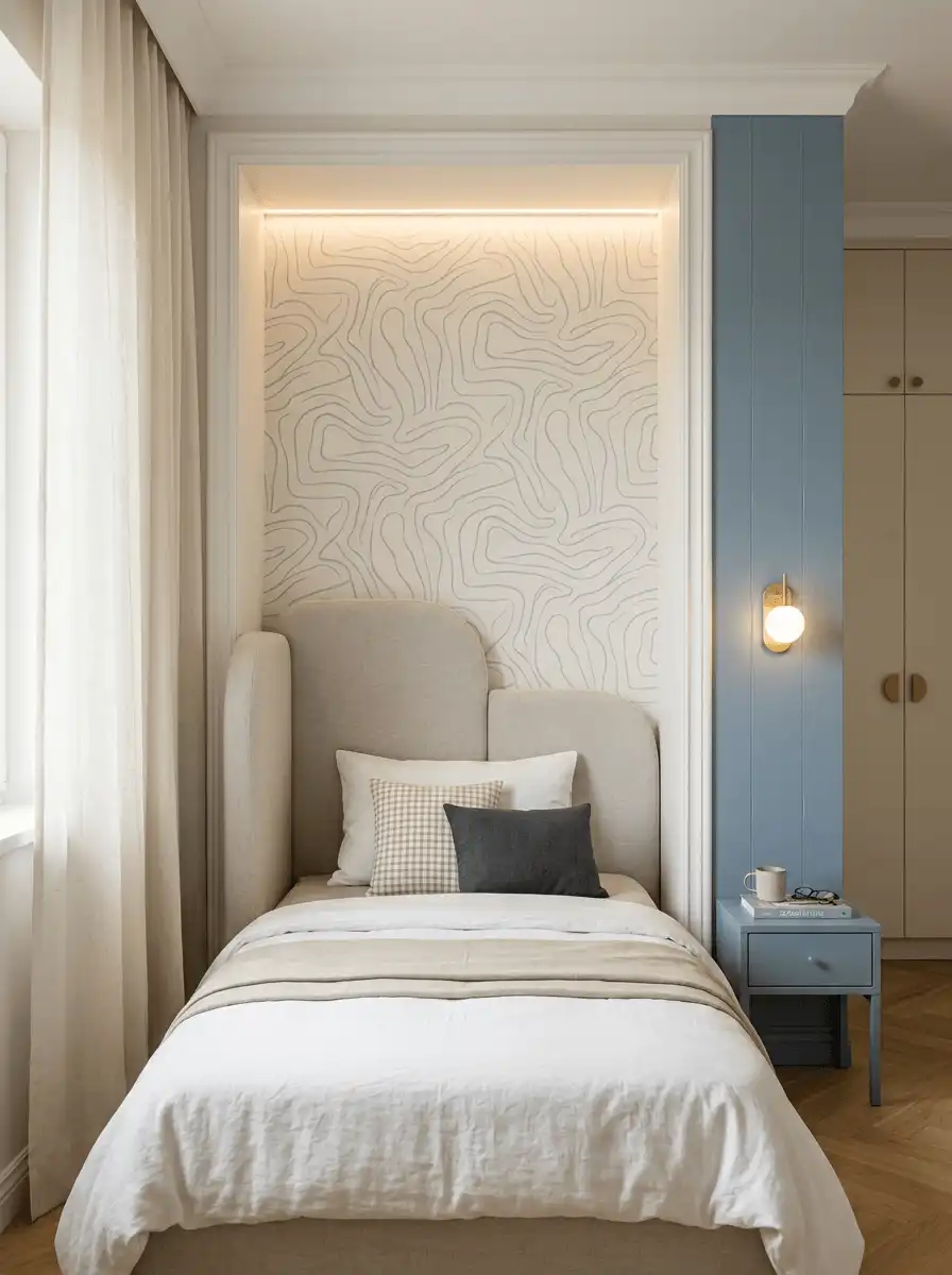 Спальня подростка с односпальной кроватью в нише, встроенным шкафом, синей тумбой, мягкой подсветкой и светлым текстилем.