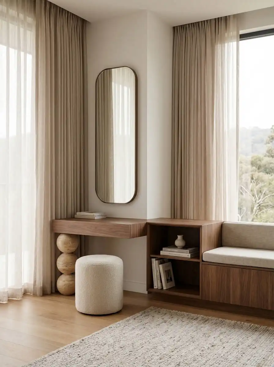 Современная спальня с деревянным туалетным столиком, мягким пуфом, встроенной скамьей и светлым текстилем в природной нейтральной гамме