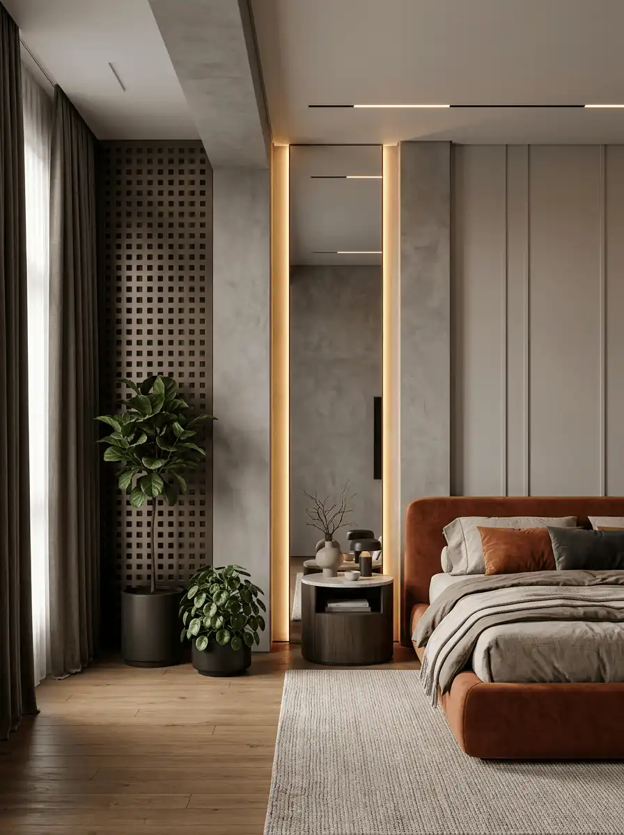 Темная спальня с терракотовой кроватью, растениями, бетонной отделкой, теплой подсветкой, плотным текстилем и мягким ковром у окна.