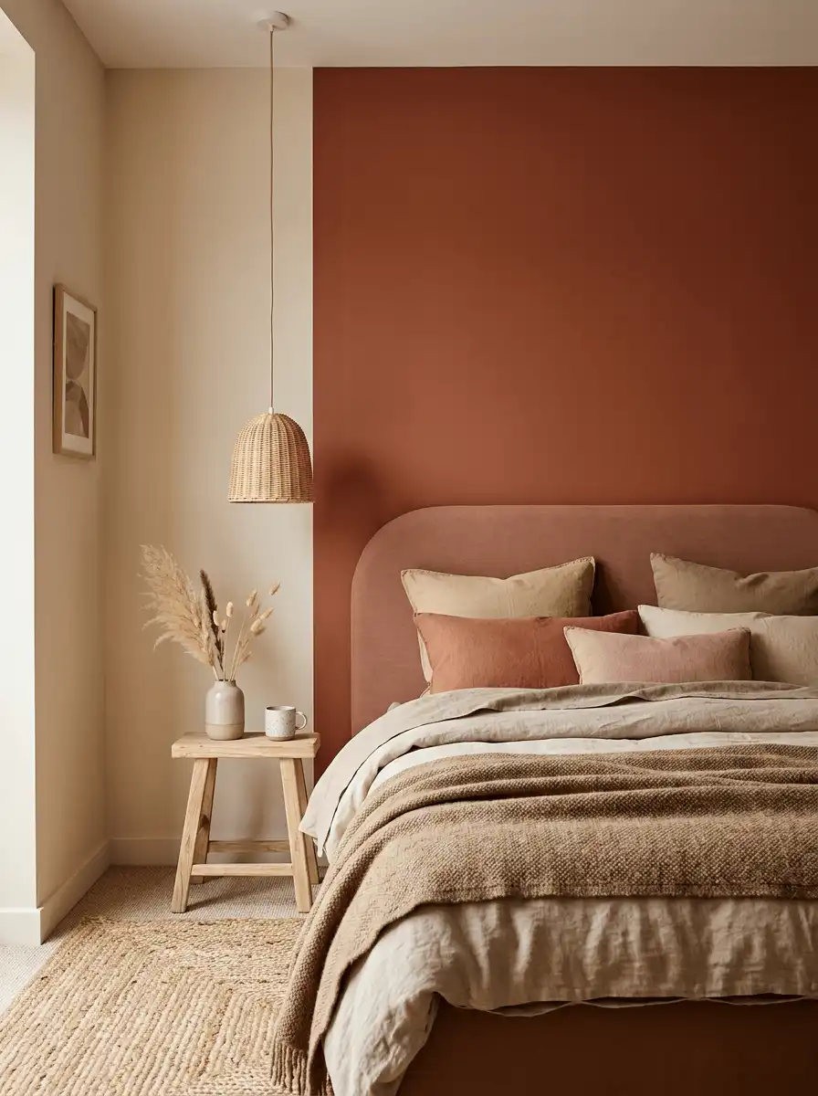 Спальня с терракотовой акцентной стеной, льняным постельным бельем в бежевых тонах, плетеным светильником и деревянным прикроватным столиком