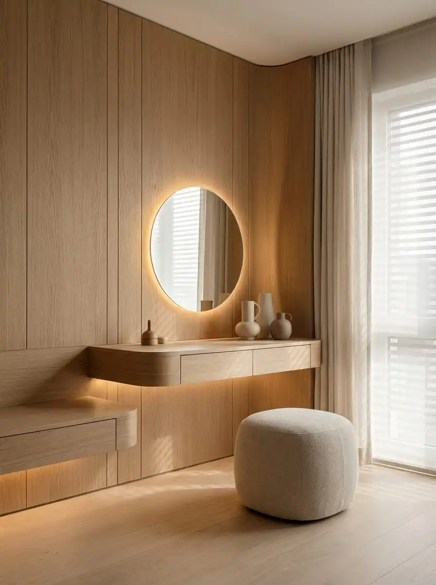 Современная спальня с деревянными панелями, подвесным туалетным столиком, круглым зеркалом с подсветкой и мягким светлым пуфом