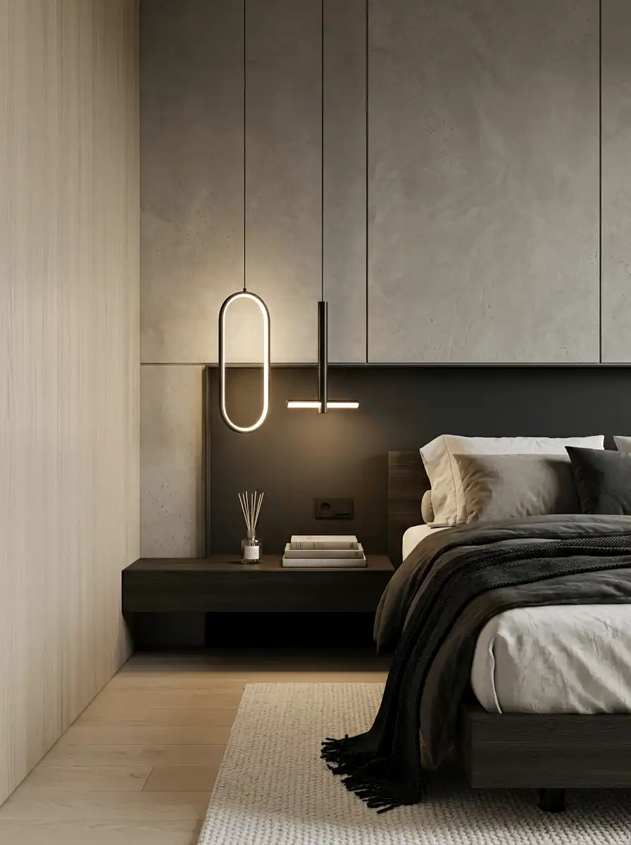 Спальня в стиле лофт с бетонной стеной, черными подвесными светильниками, темным изголовьем, деревянной тумбой и мягким текстилем