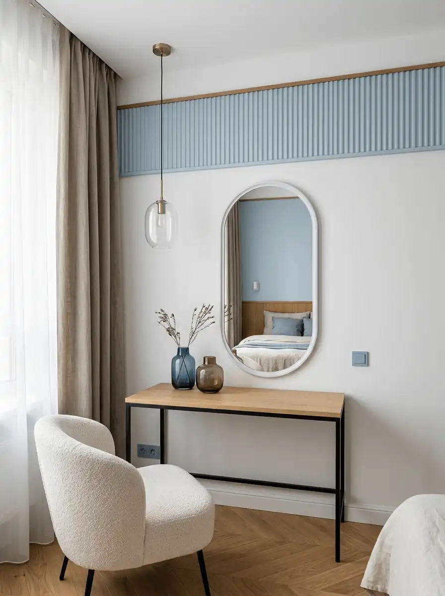 Пастельная спальня с консолью у окна, овальным зеркалом, голубыми акцентами, светлым креслом, деревянной столешницей и черным каркасом.
