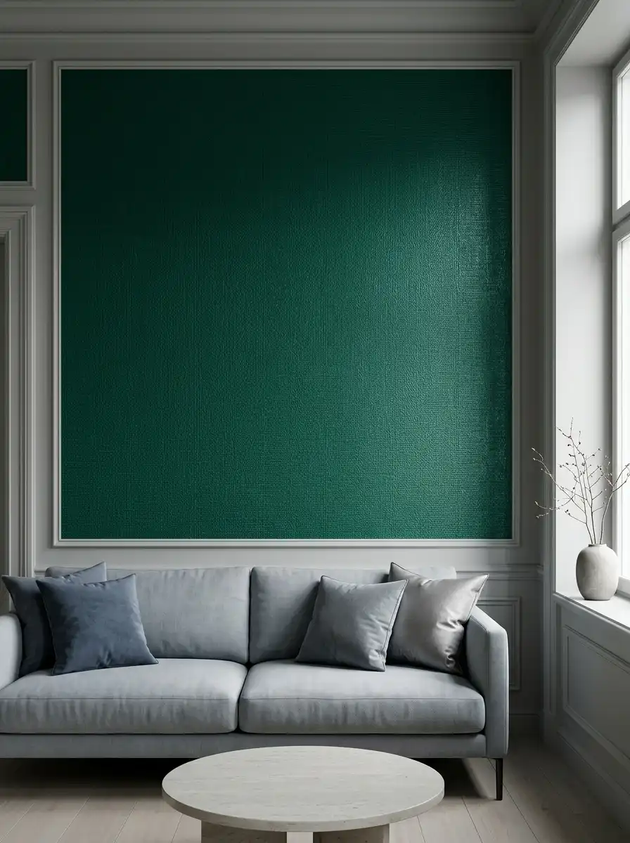 Классический интерьер с зелеными фактурными обоями, серым диваном и настенным молдингом.