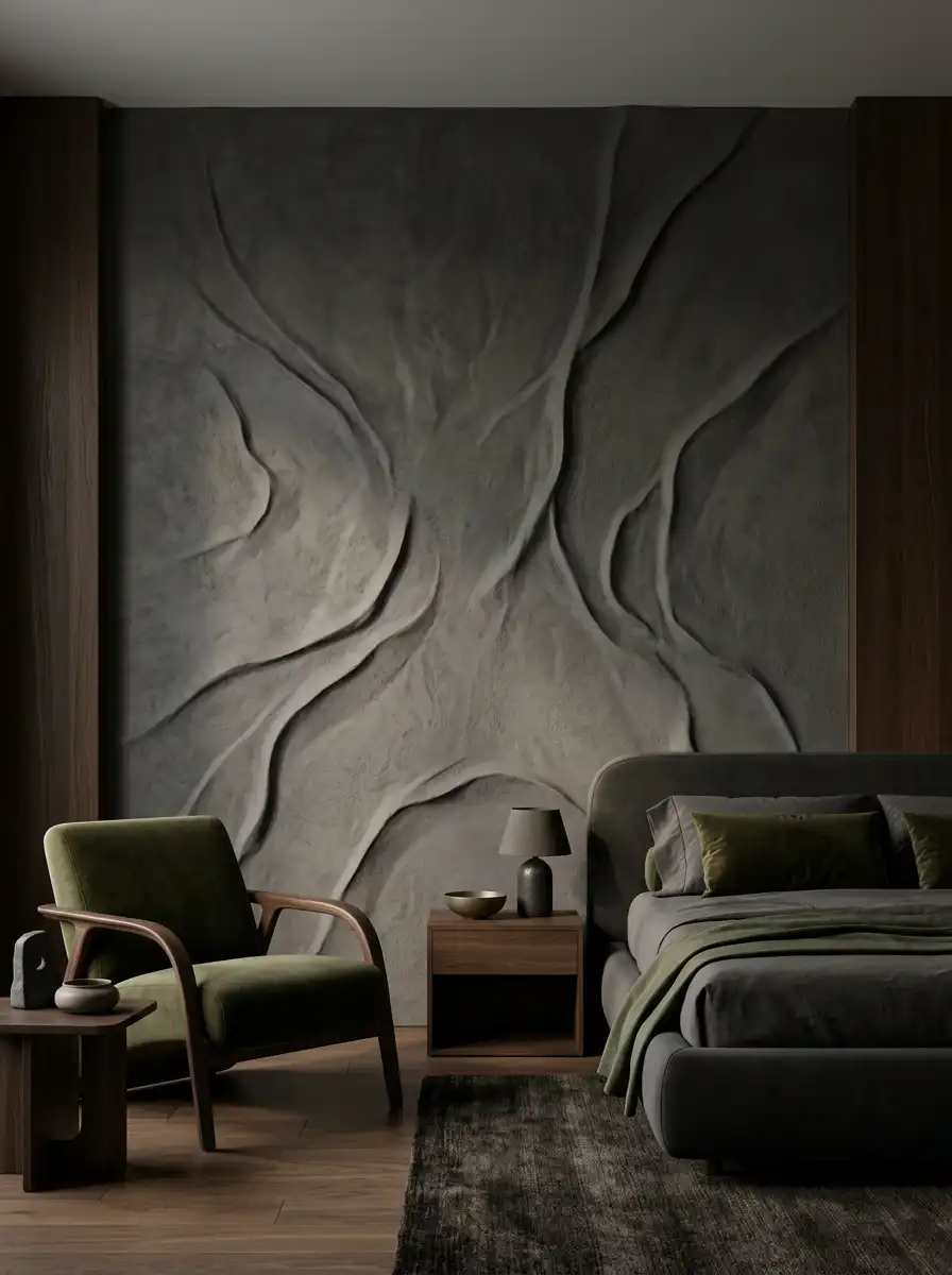 Спальня с темной рельефной стеной под камень, кроватью и креслом.