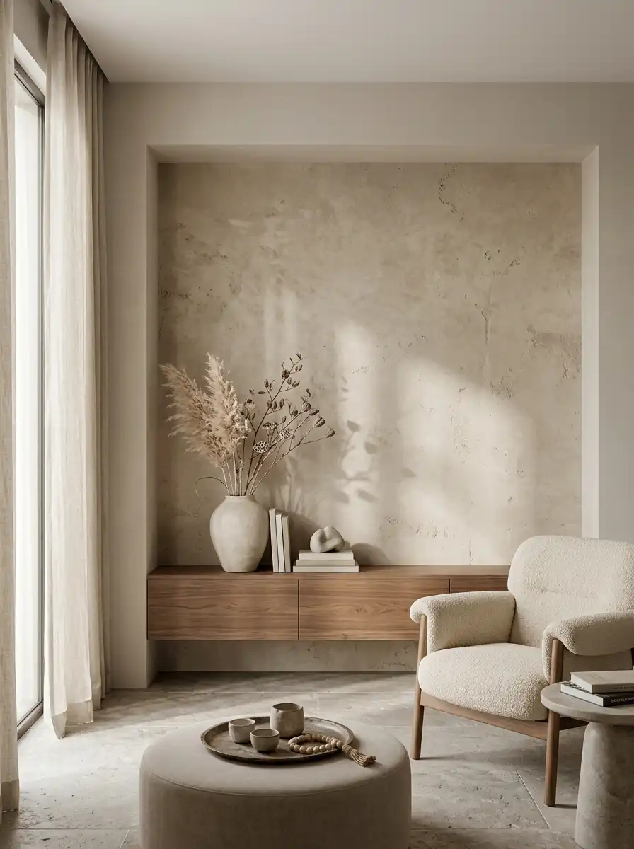 Светлый интерьер с декоративной штукатуркой в нише, деревянной консолью и мягким креслом.