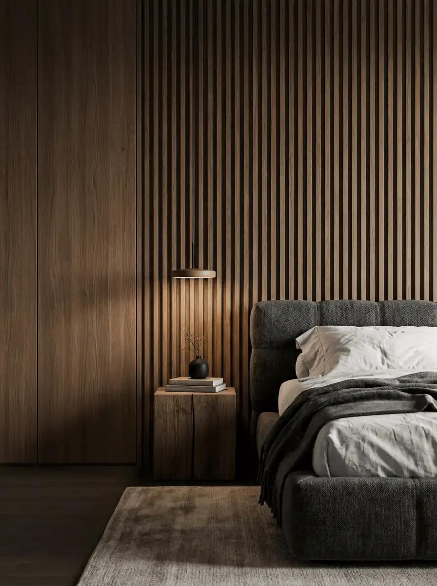 Темная спальня с деревянной реечной стеной, мягкой кроватью, темным текстилем, теплым подвесом и уютной камерной атмосферой у стены.