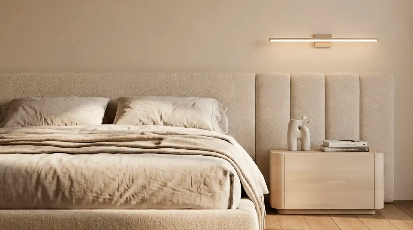 Светлая спальня с теплым акцентным креслом, банкеткой, мягким изголовьем и локальным светом как пример деликатных цветовых акцентов.