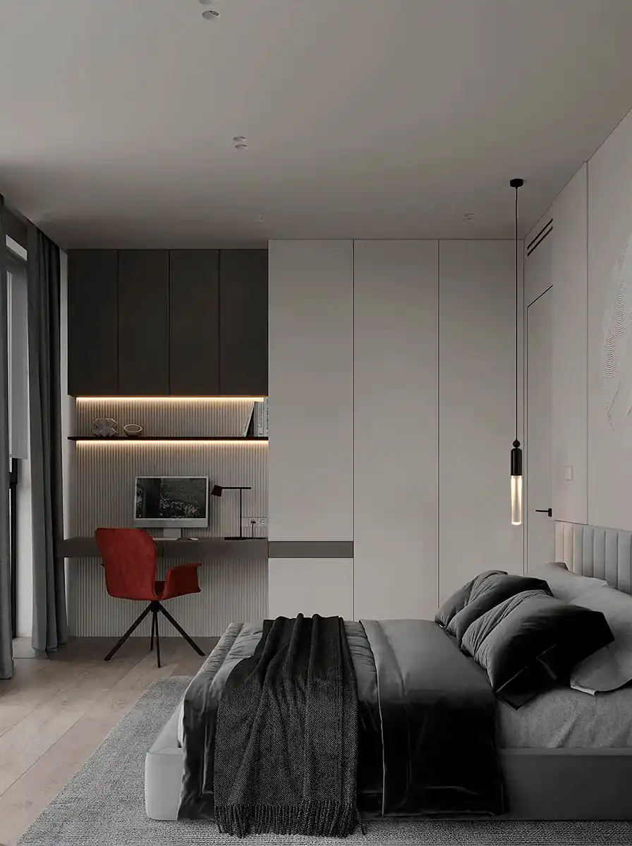 Та же мастер-спальня с кроватью у правой стены, рабочей зоной у окна, встроенной гардеробной до потолка и серо-бежевой палитрой интерьера.