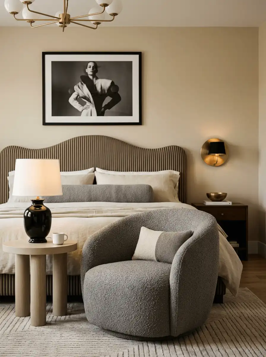 Спальня с мягким креслом, прикроватной тумбой, артом над кроватью, настенным бра, многослойным текстилем и теплой бежевой палитрой.