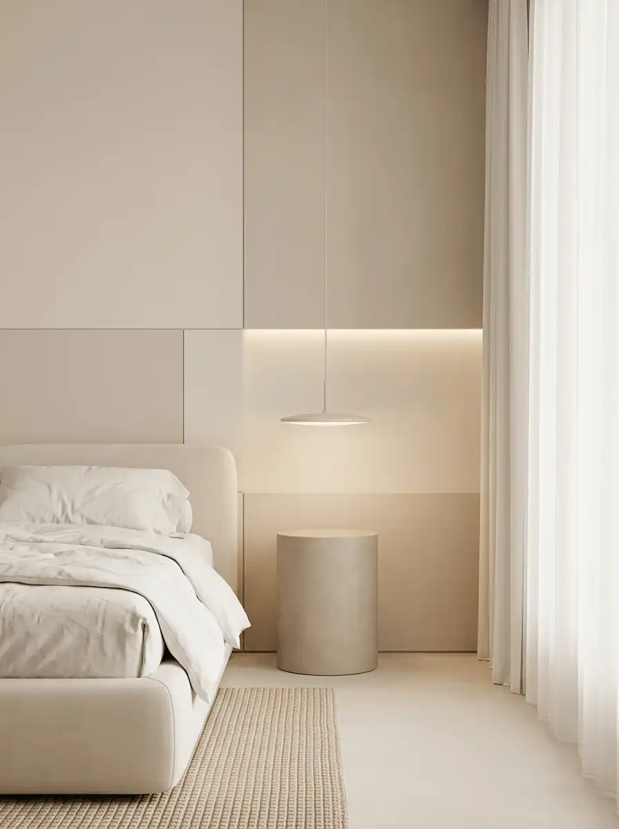 Светлая спальня с бело-бежевой отделкой, мягкой кроватью, скрытой подсветкой, светлым ковром и полупрозрачным текстилем у окна.