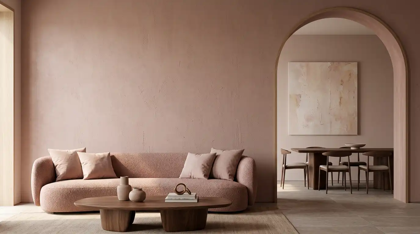 Современный интерьер с однотонной окрашенной стеной, арочным проемом и округлым диваном.