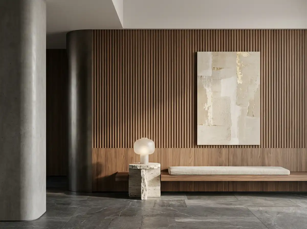 Фактурная отделка стен в современном интерьере с деревом, бетоном и камнем