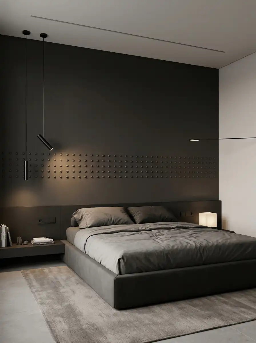 Темная спальня в стиле лофт с графитовой стеной, черной кроватью, индустриальными светильниками, лаконичной мебелью и мягким ковром.