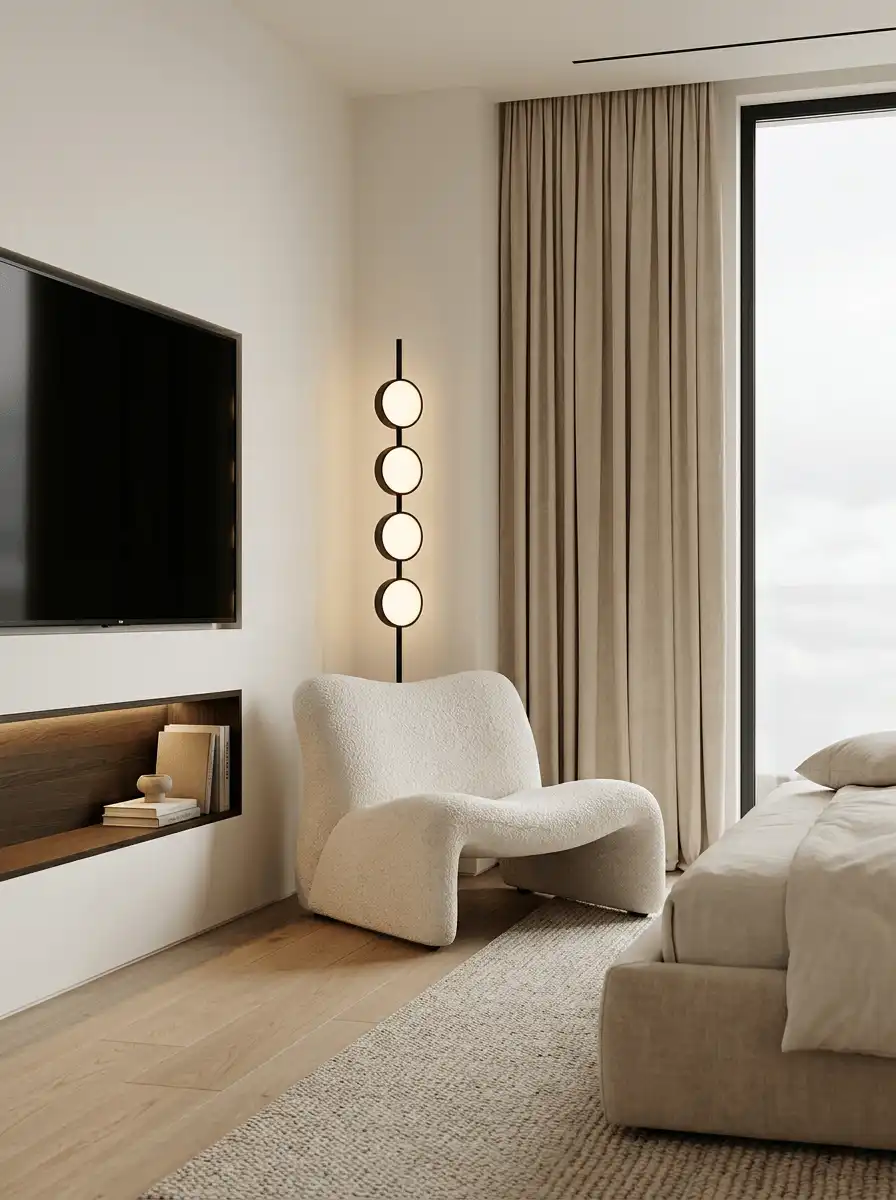 Спальня с легким тюлем, шторами блэкаут, мягким креслом, декоративным светильником, встроенной тумбой и теплой спокойной палитрой.