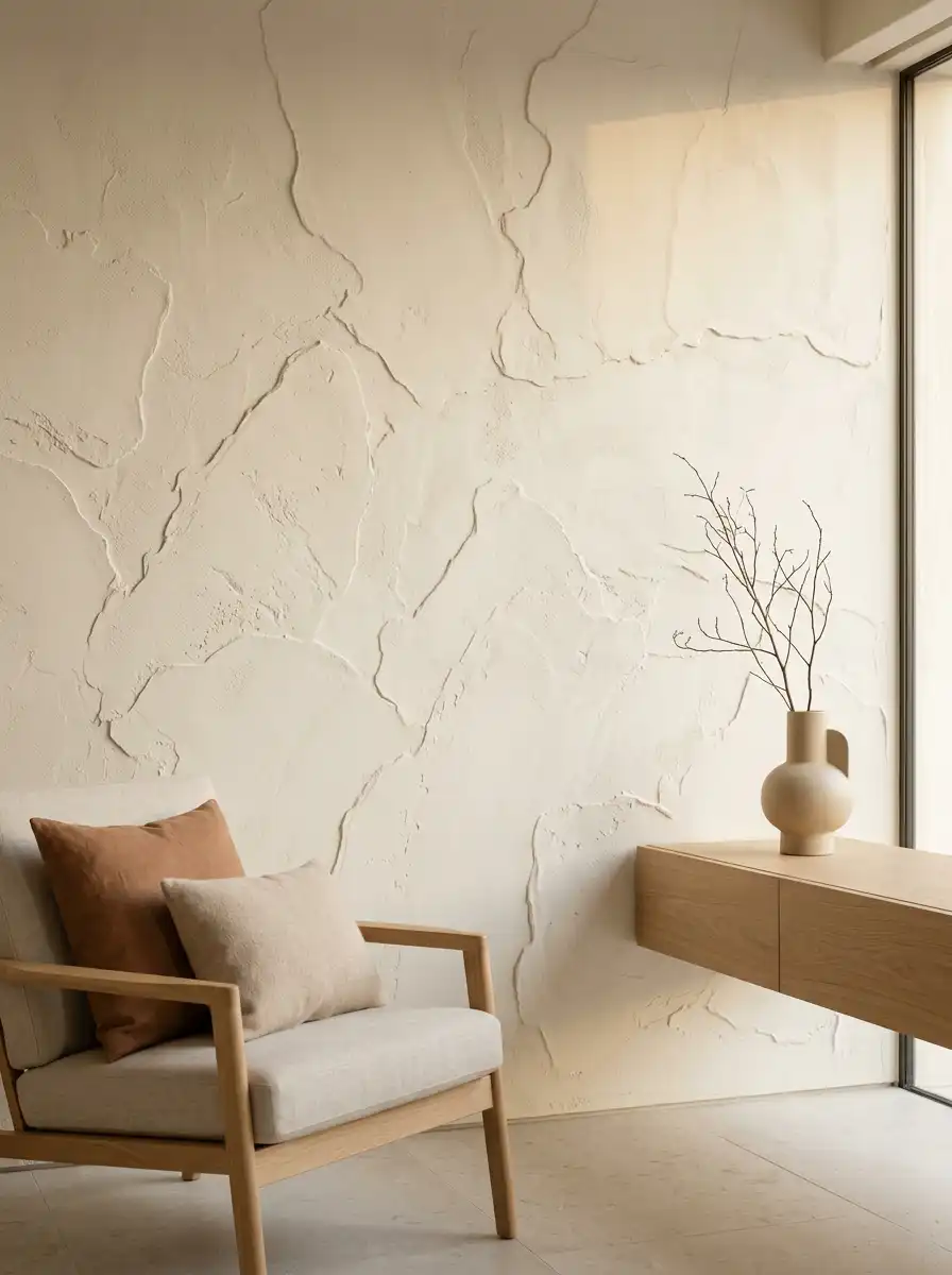 Современный интерьер со светлой рельефной стеной из декоративной штукатурки, креслом и деревянной консолью.