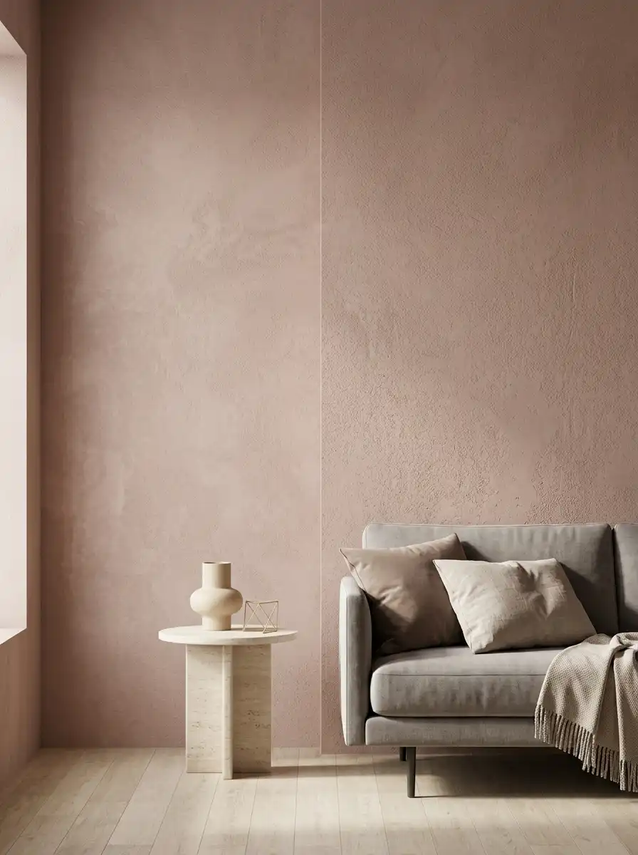 Современный интерьер с ровной матовой стеной под покраску, серым диваном и каменным столиком
