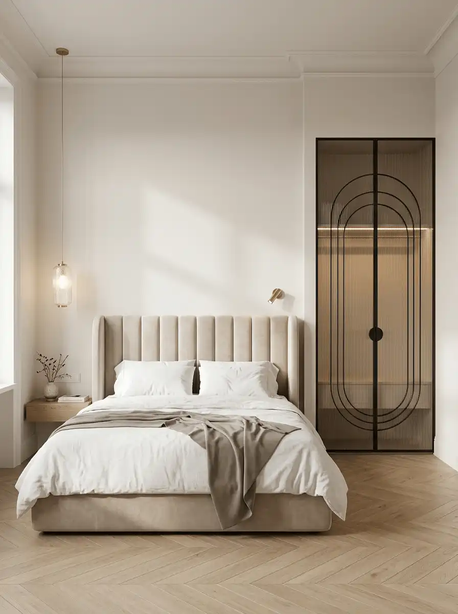 Современная спальня с мягкой кроватью, стеклянным шкафом в черной раме, подвесным светильником и светлой нейтральной отделкой
