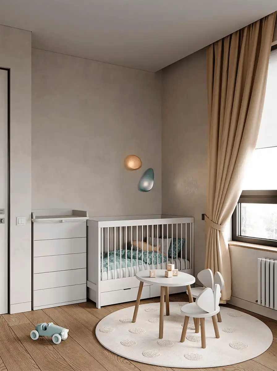 Детская спальня с кроваткой, пеленальным комодом, круглым ковром, детским столиком, мягкими шторами и мебелью без острых углов.