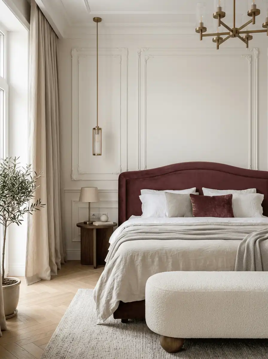 Неоклассическая спальня с бордовым мягким изголовьем, молдингами, светлым текстилем, золотыми светильниками и мягкой банкеткой.