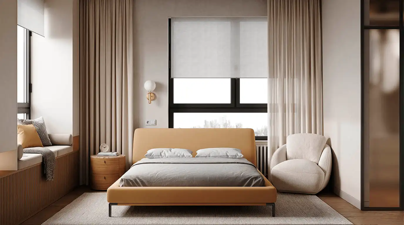 Светлая спальня с мягкой кроватью, бра у изголовья, шторами в пол, креслом у окна и разными сценариями освещения для вечернего комфорта.