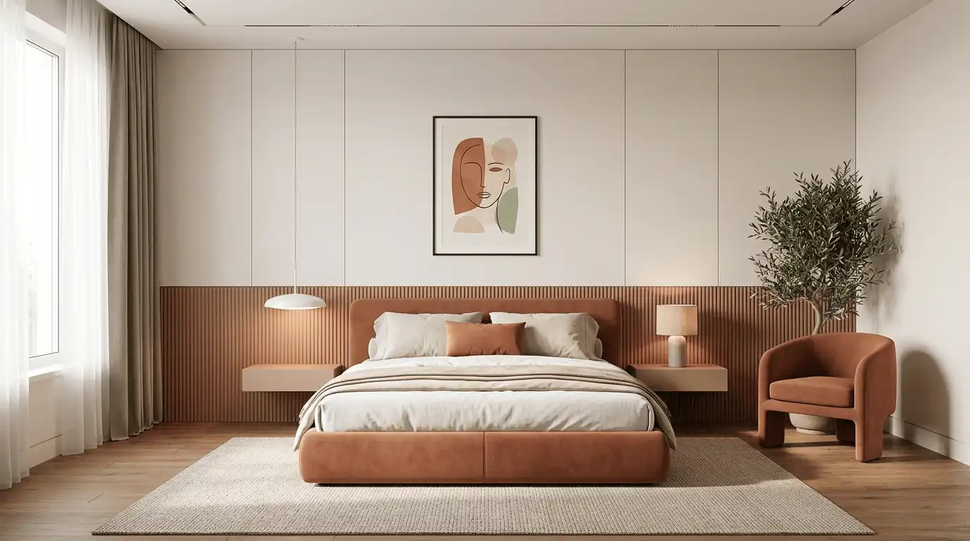 Спальня с деревянной реечной панелью у изголовья, встроенными тумбами, абстрактным постером и терракотовой мягкой кроватью на светлом фоне