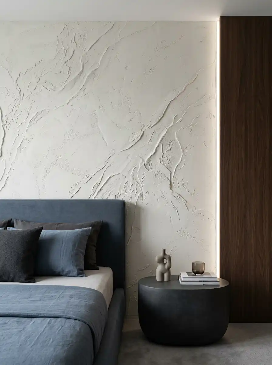 Светлая фактурная стена с рельефной декоративной отделкой в спальне с темной кроватью и круглой тумбой.