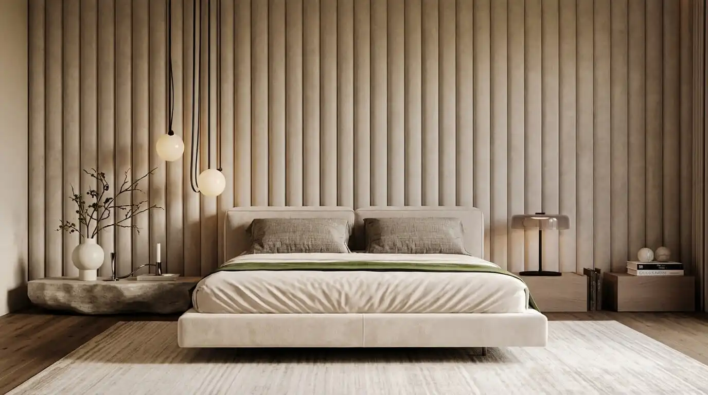 Светлая спальня в бежевой палитре с мягкой кроватью, нишей, натуральными фактурами и теплым светом для визуально легкого пространства.