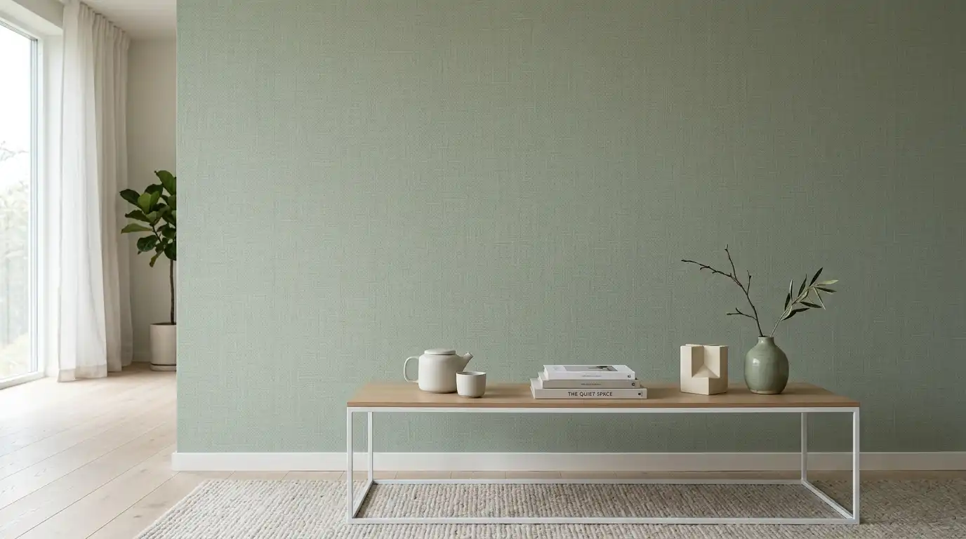 Интерьер с однотонными светло-зелеными обоями, низкой консолью и декоративным столиком.