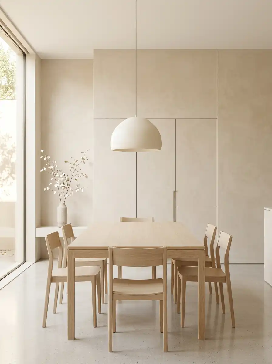 Минималистичная столовая со светлыми окрашенными стенами, скрытой дверью и деревянным столом.