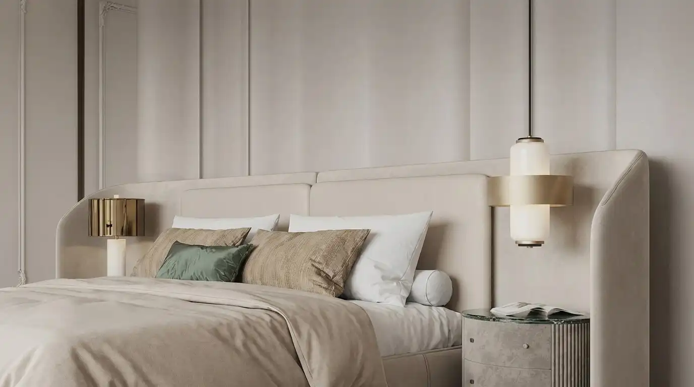 Женская спальня с бордовым изголовьем, туалетным столиком, мягким текстилем и теплой подсветкой для комфортного утреннего сценария.