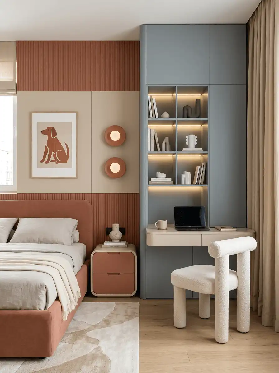 Спальня подростка с кроватью, столом у окна, встроенным стеллажом с подсветкой, рабочей зоной и пастельной розово-голубой палитрой.