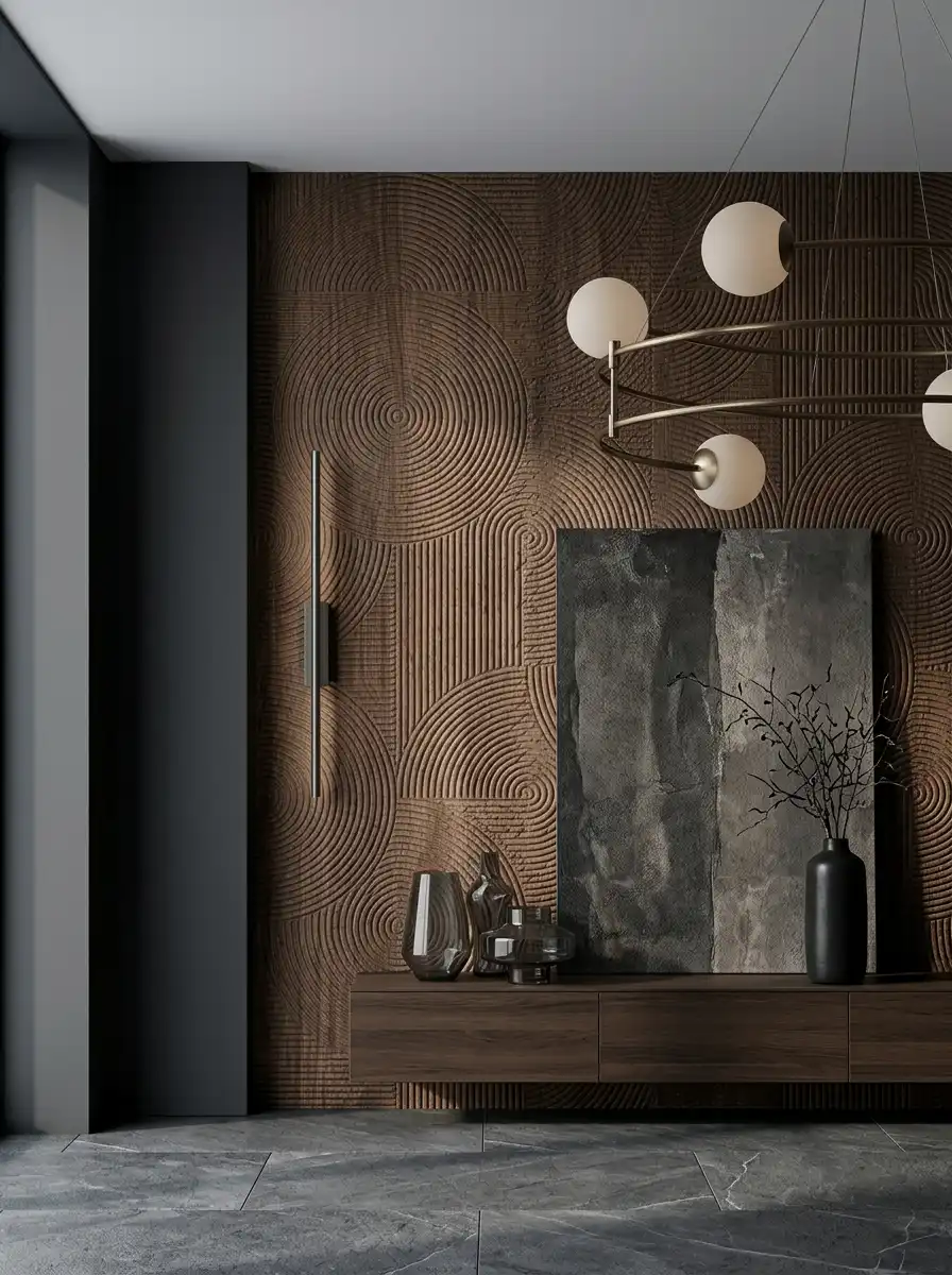 Современный интерьер с темной рельефной штукатуркой, деревянной консолью и подвесным светильником.