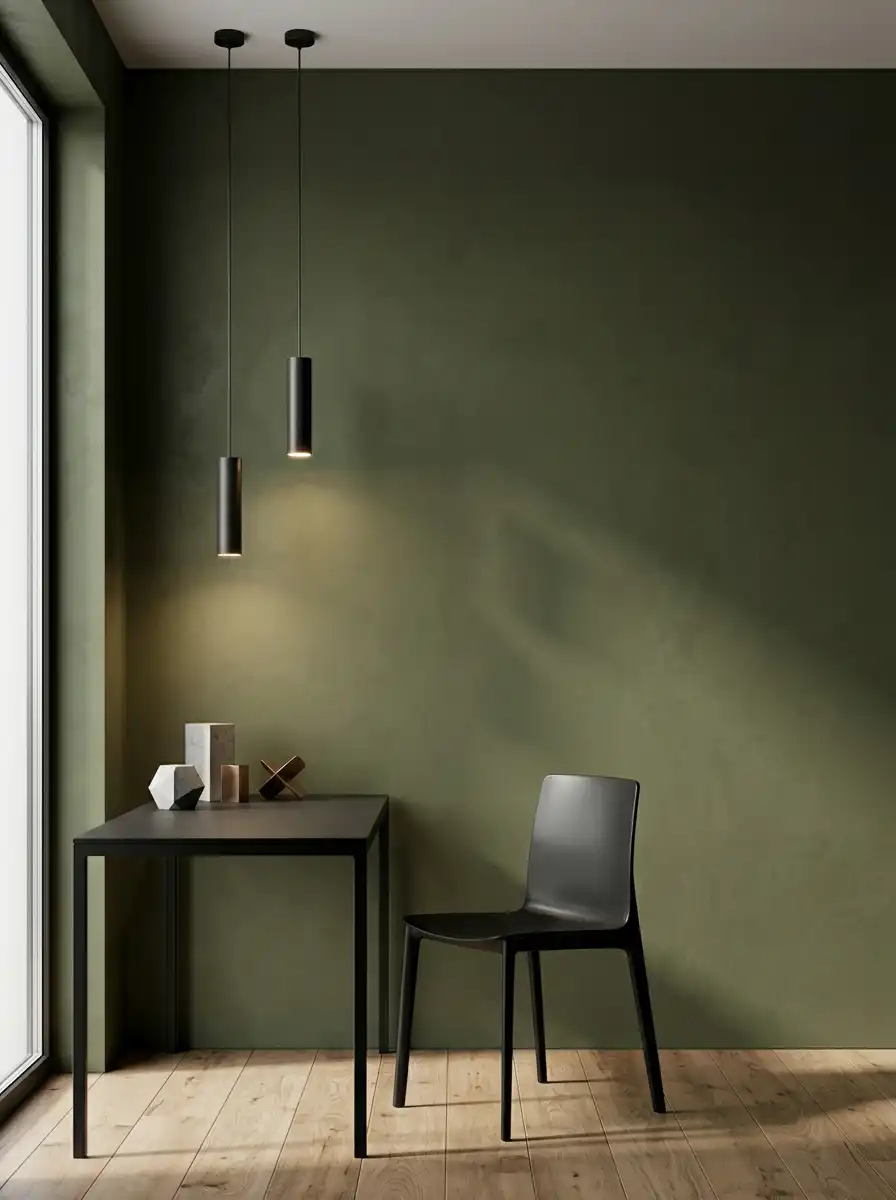 Стена комнаты окрашенная в глубокий матовый цвет оливково-зеленого оттенка.