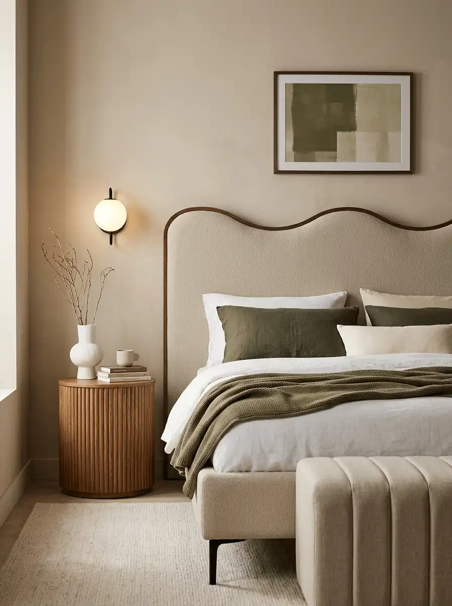 Светлая спальня с мягким изголовьем, деревянной тумбой, бежевыми стенами, фактурным текстилем и теплыми оливковыми акцентами.