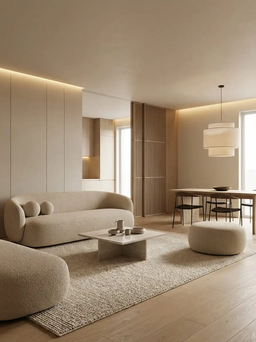 Современный интерьер спальни с мягким диваном, пуфами, деревянными рейками, нейтральной палитрой, скрытой подсветкой и лаконичной мебелью