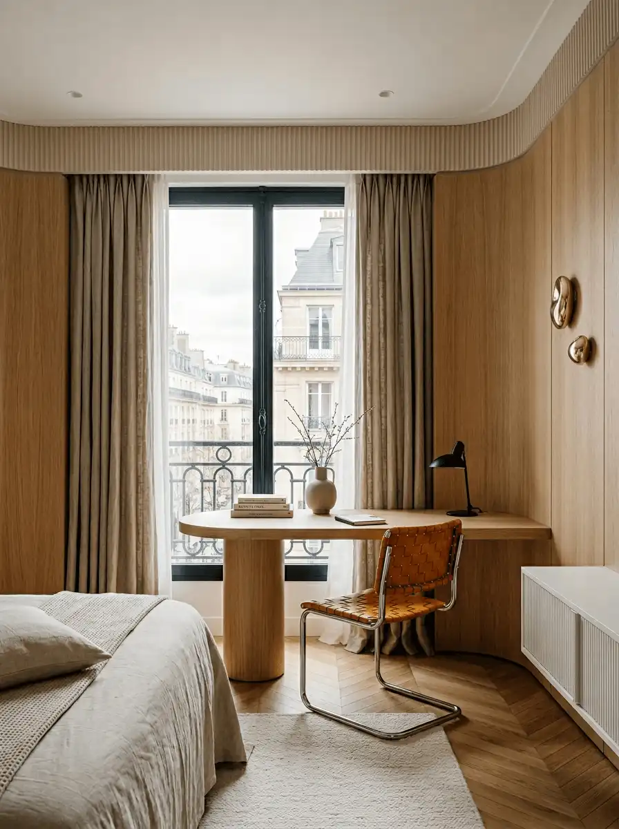 Спальня с рабочей зоной у окна, плотными шторами и тюлем в пол, деревянной отделкой, круглым столом и теплым локальным светом.