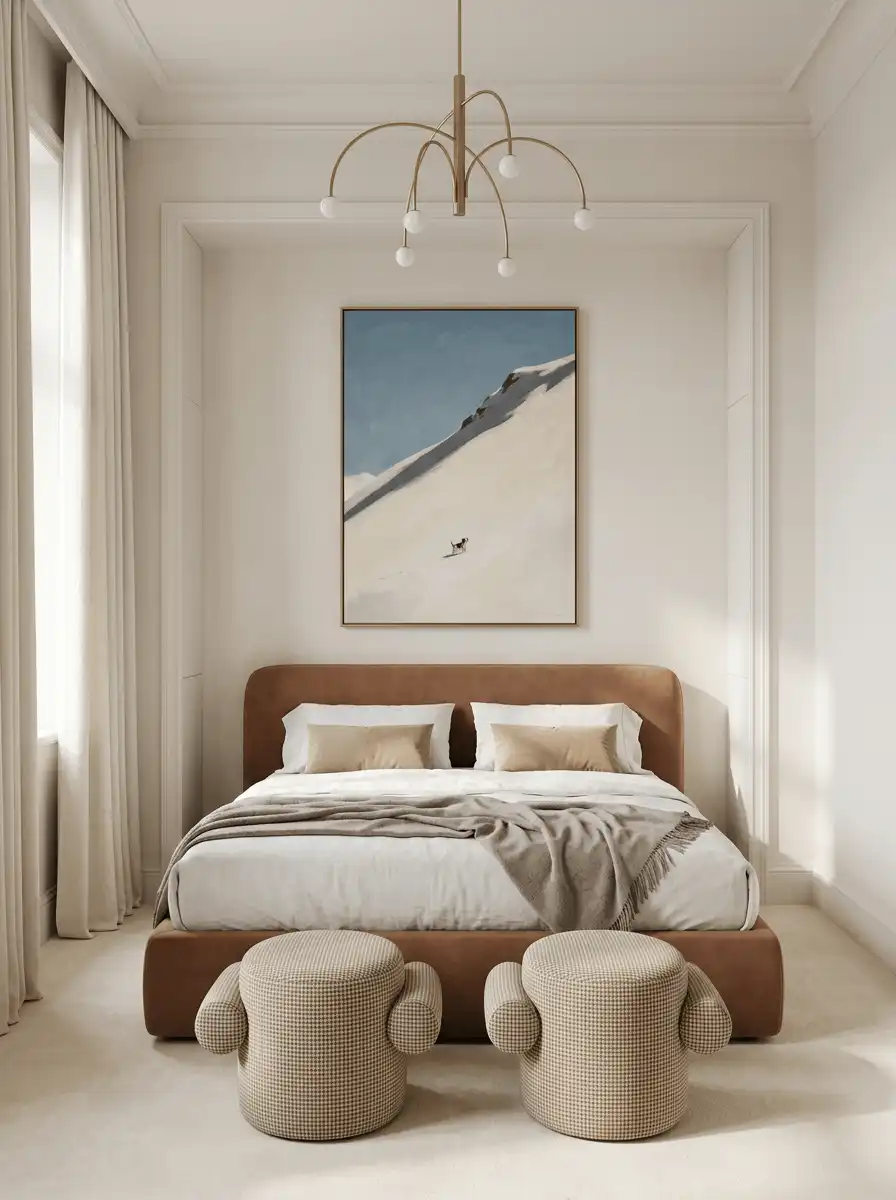 Скандинавская спальня со светлыми стенами, кроватью в теплой обивке, натуральным текстилем, лаконичным декором и обилием дневного света