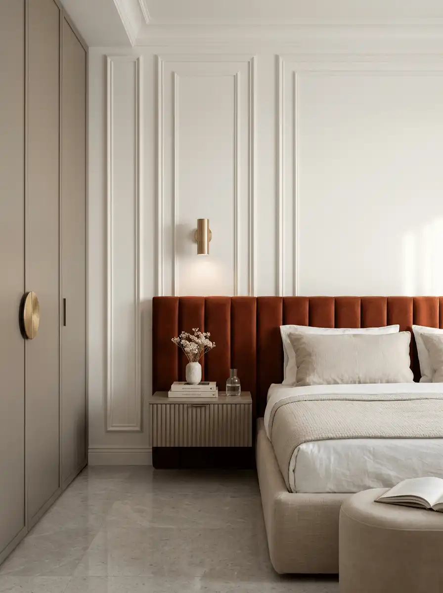 Классическая спальня с терракотовым бархатным изголовьем, белыми лепными молдингами, латунным бра и подвесной тумбой в рифленом декоре