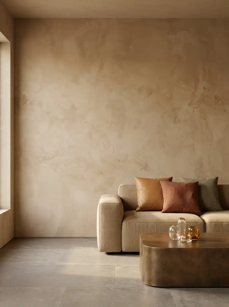 Современный интерьер с бежевой декоративной штукатуркой, диваном и низким столиком.