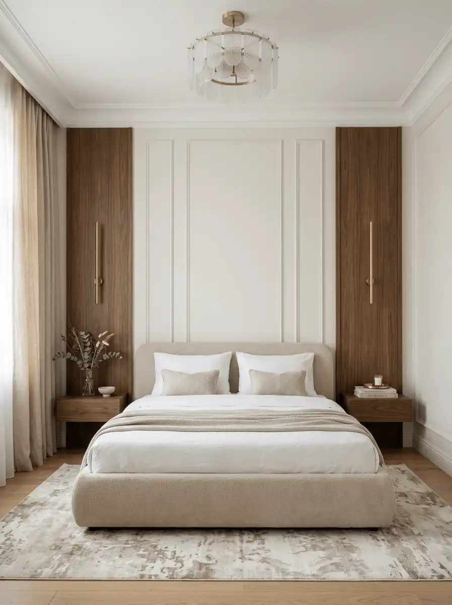 Неоклассическая спальня с симметричной композицией, молдингами, мягкой кроватью, деревянными панелями и светлой теплой палитрой.