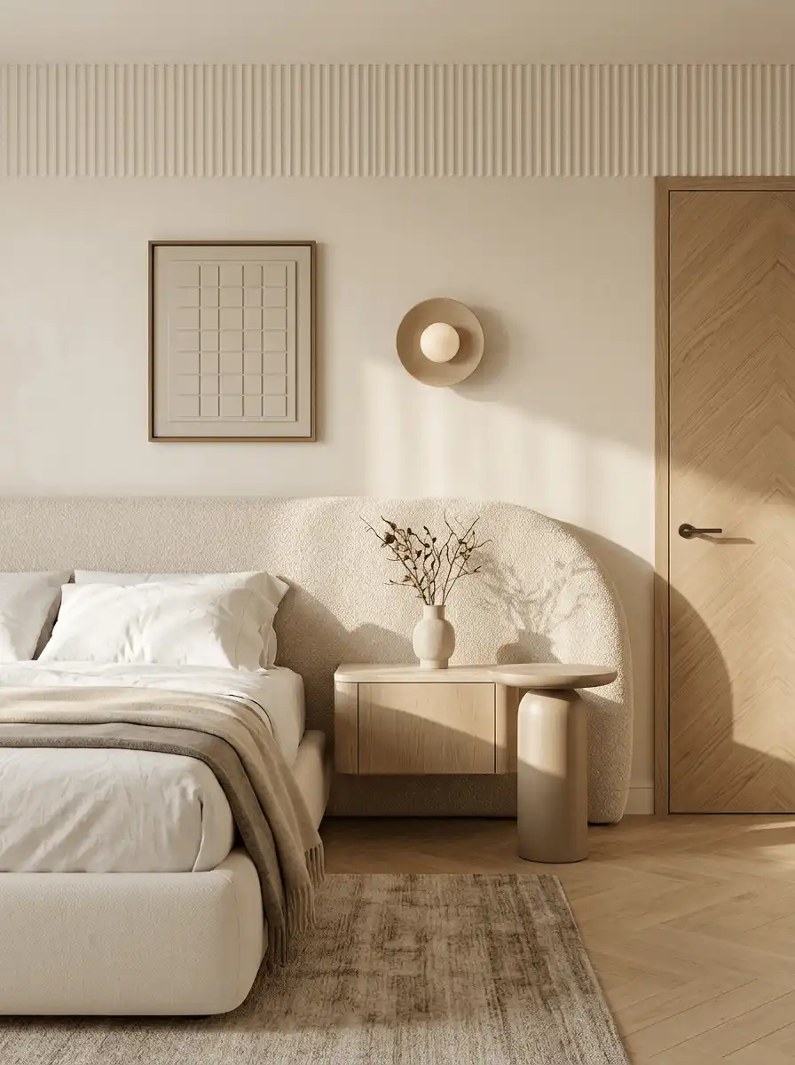 Скандинавская спальня с мягким изголовьем, светлым деревом, лаконичной тумбой, керамическим декором и теплым естественным освещением