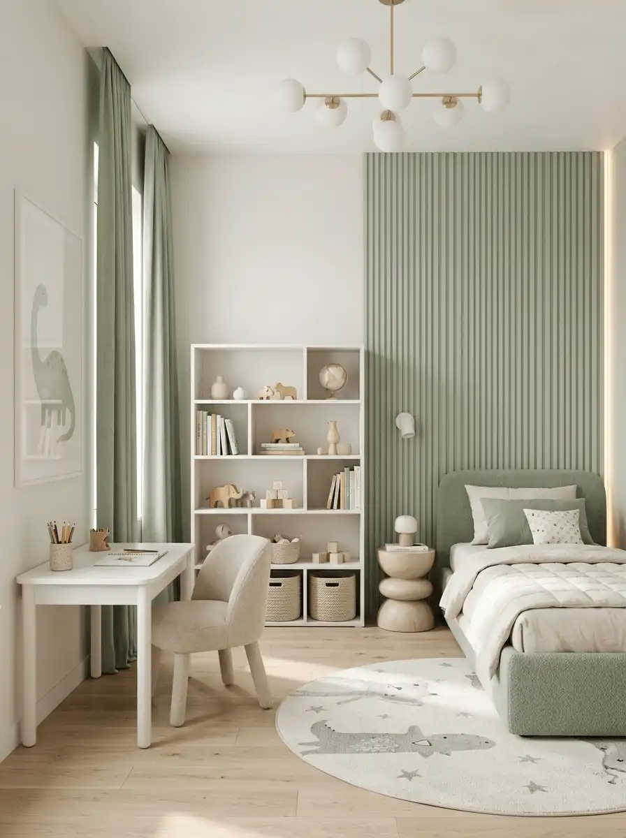 Детская спальня с кроватью, рабочим столом, стеллажом, мягким ковром, шторами в пол и зелено-бежевой палитрой для сна и учебы.