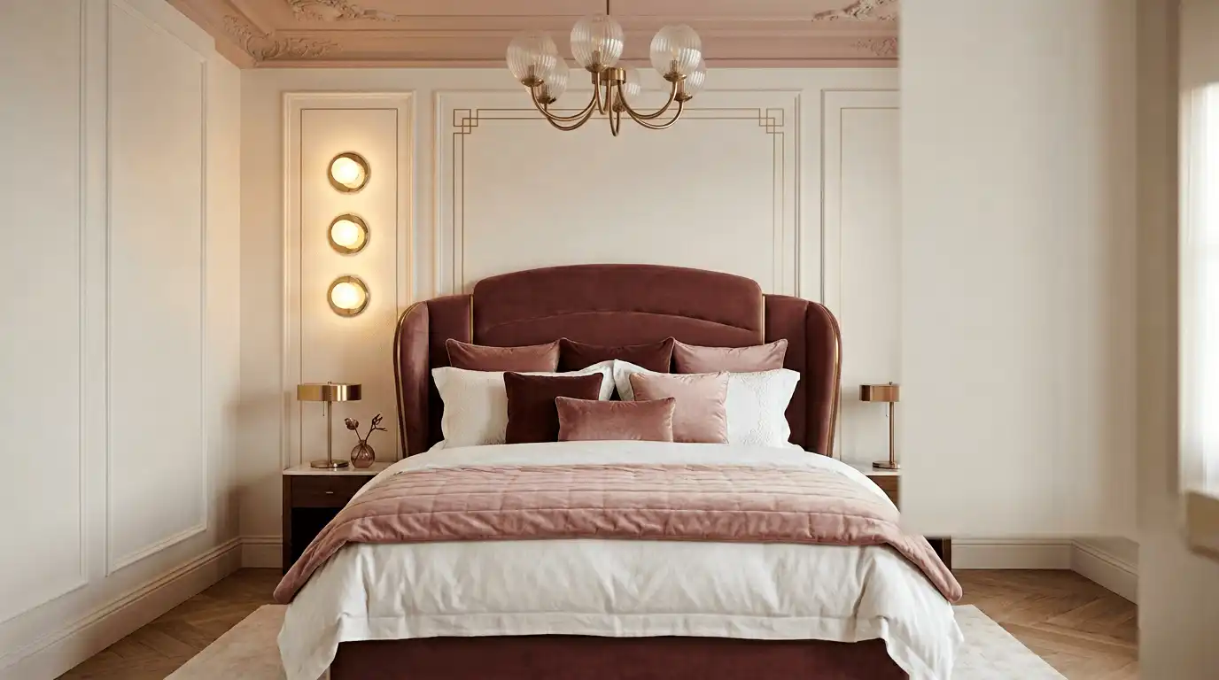 Женская спальня с высоким бархатным изголовьем, пудровым текстилем, симметричными тумбами, бра и классическими молдингами.