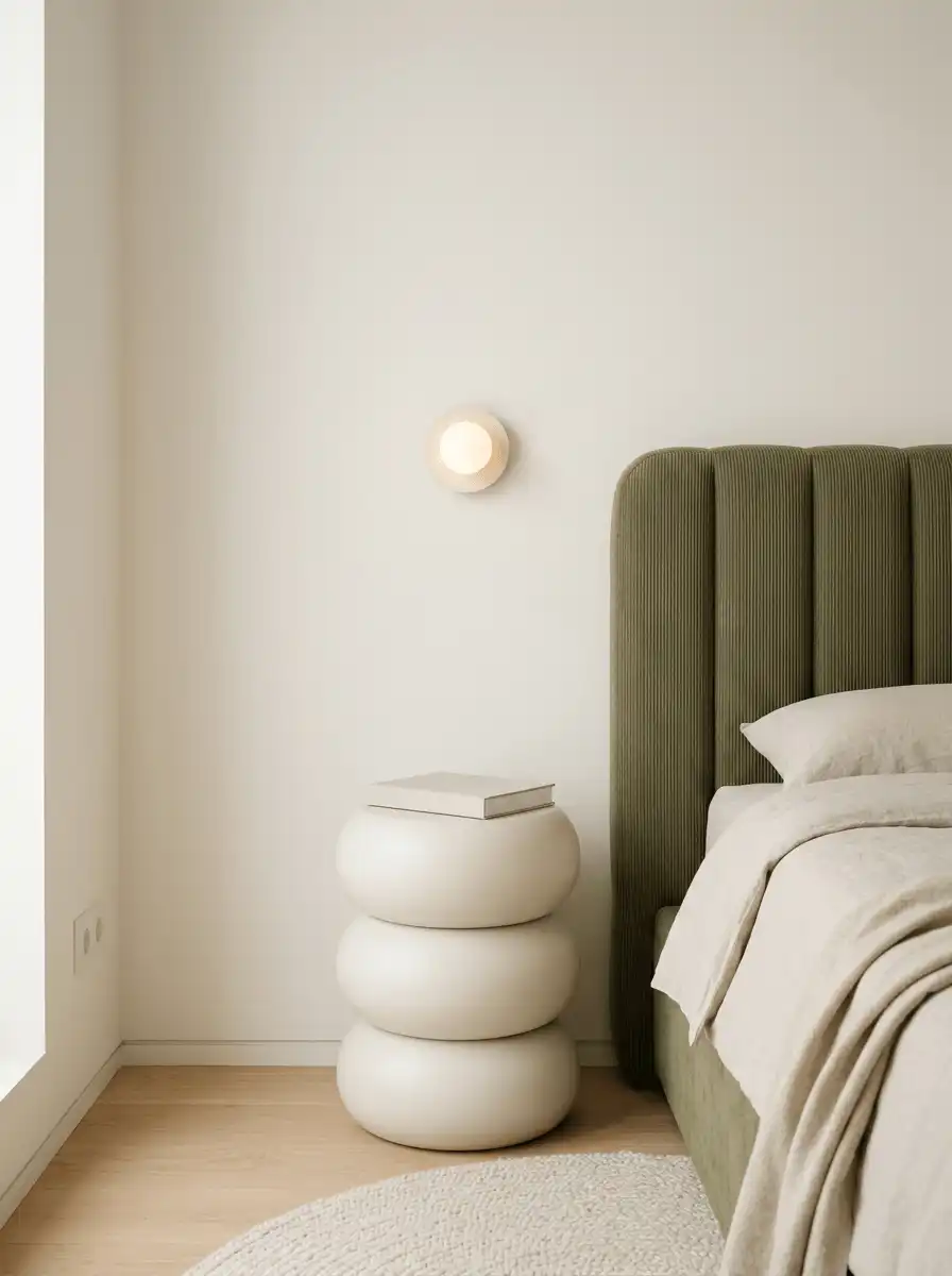 Спальня с зеленым мягким изголовьем, скульптурной белой тумбой, круглым бра, светлым текстилем и лаконичной нейтральной отделкой.