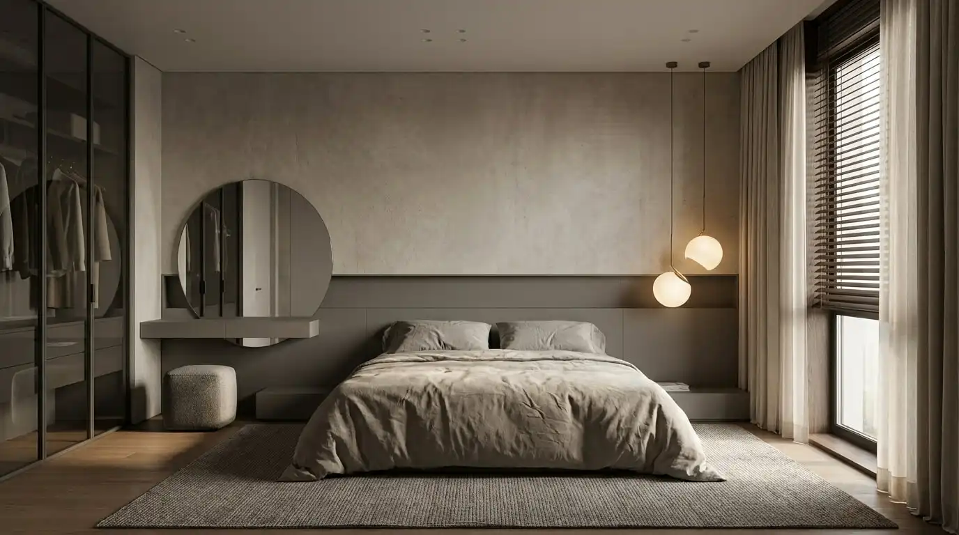 Светлая спальня с фигурным мягким изголовьем, деревянной тумбой, теплым локальным светом и нейтральной базой без ощущения холодности.