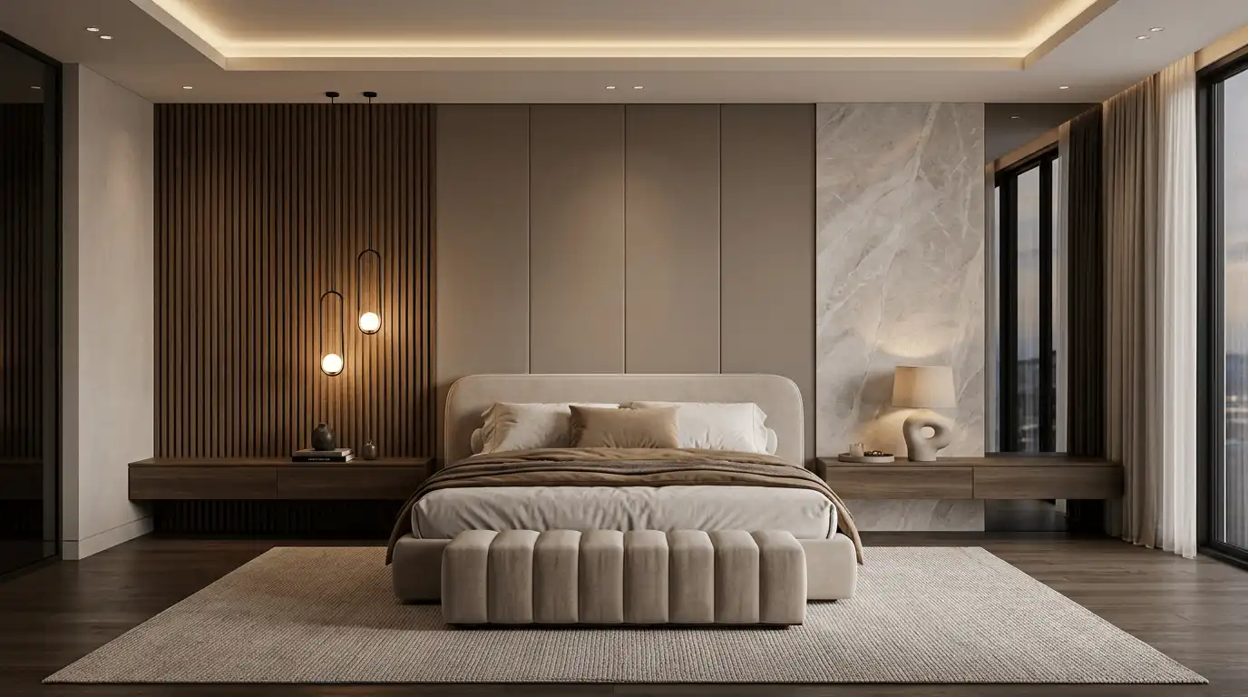 Просторная спальня с большой кроватью, банкеткой, симметричными консолями, рейками, каменной отделкой, мягкой подсветкой и текстилем.